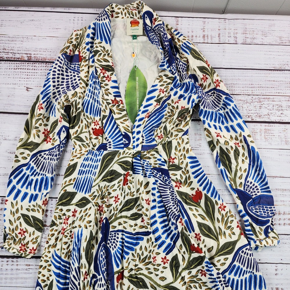 FARM‎ Rio Macaw Flight Maxi Dress XS Off White Rayon Tropical Bird Print 300216